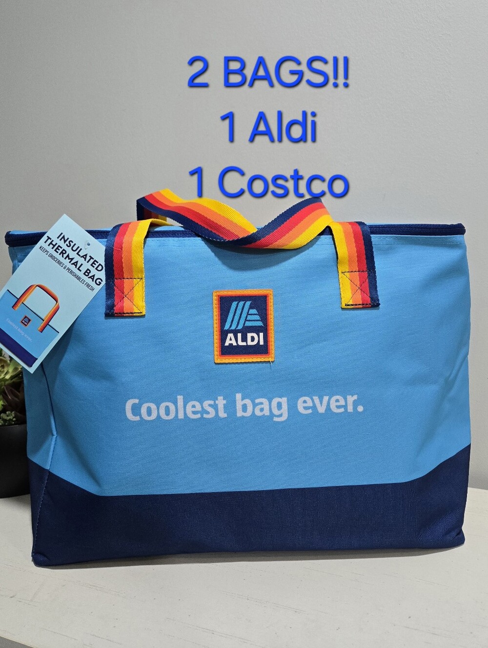 2 Totes! 1 ALDI Insulated Thermal Cooler Bag NWT & 1 Costco Reusable Blue Tote